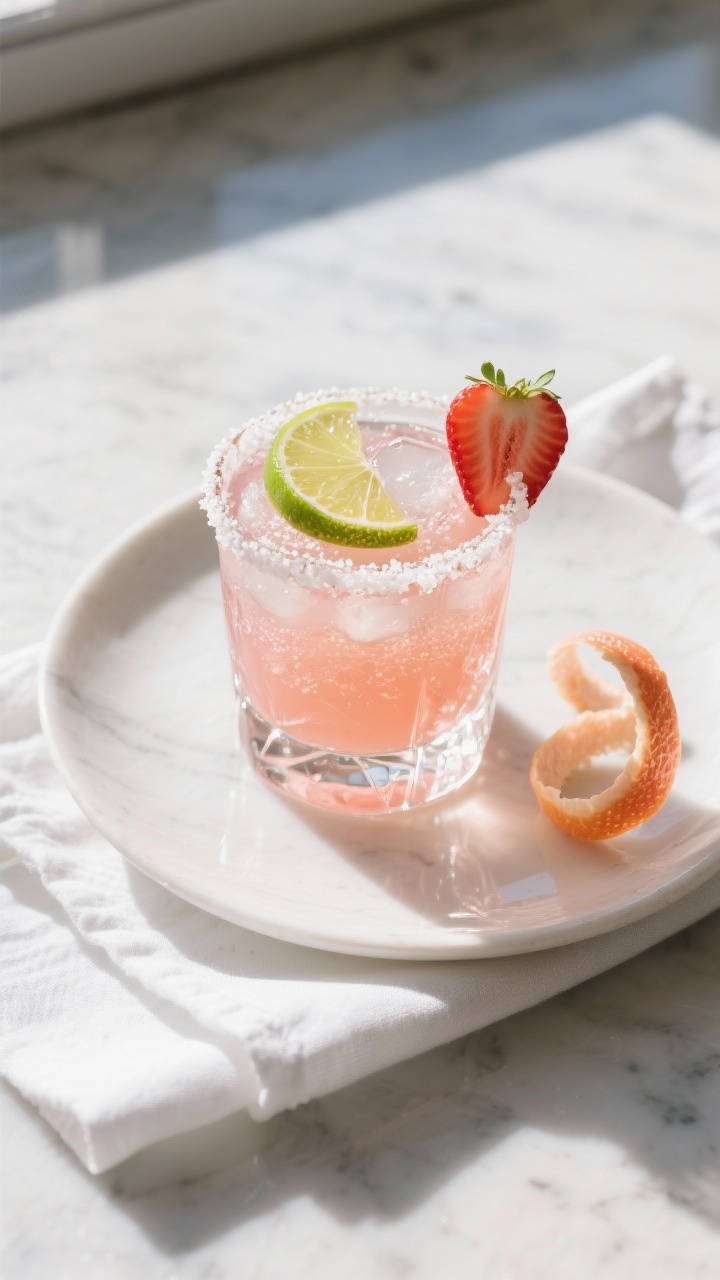 Tasty top view: Overhead shot of a finished Sparkling Rosé Margarita in a rocks glass over clear ic
