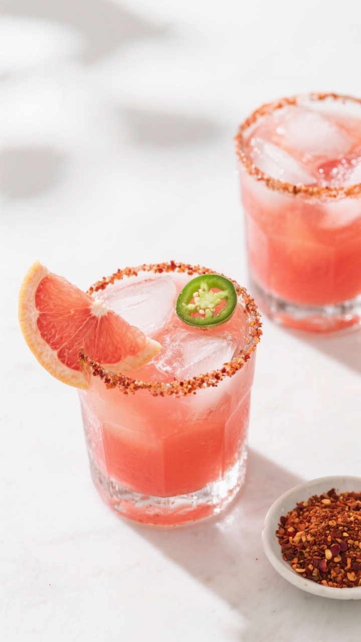 Tasty top view: Overhead shot of a finished Spicy Grapefruit Chili Margarita in a rocks glass over c