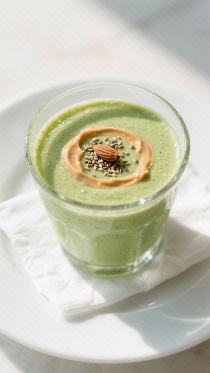 Tasty top view: overhead shot of a freshly poured green almond butter smoothie in a chilled glass, t