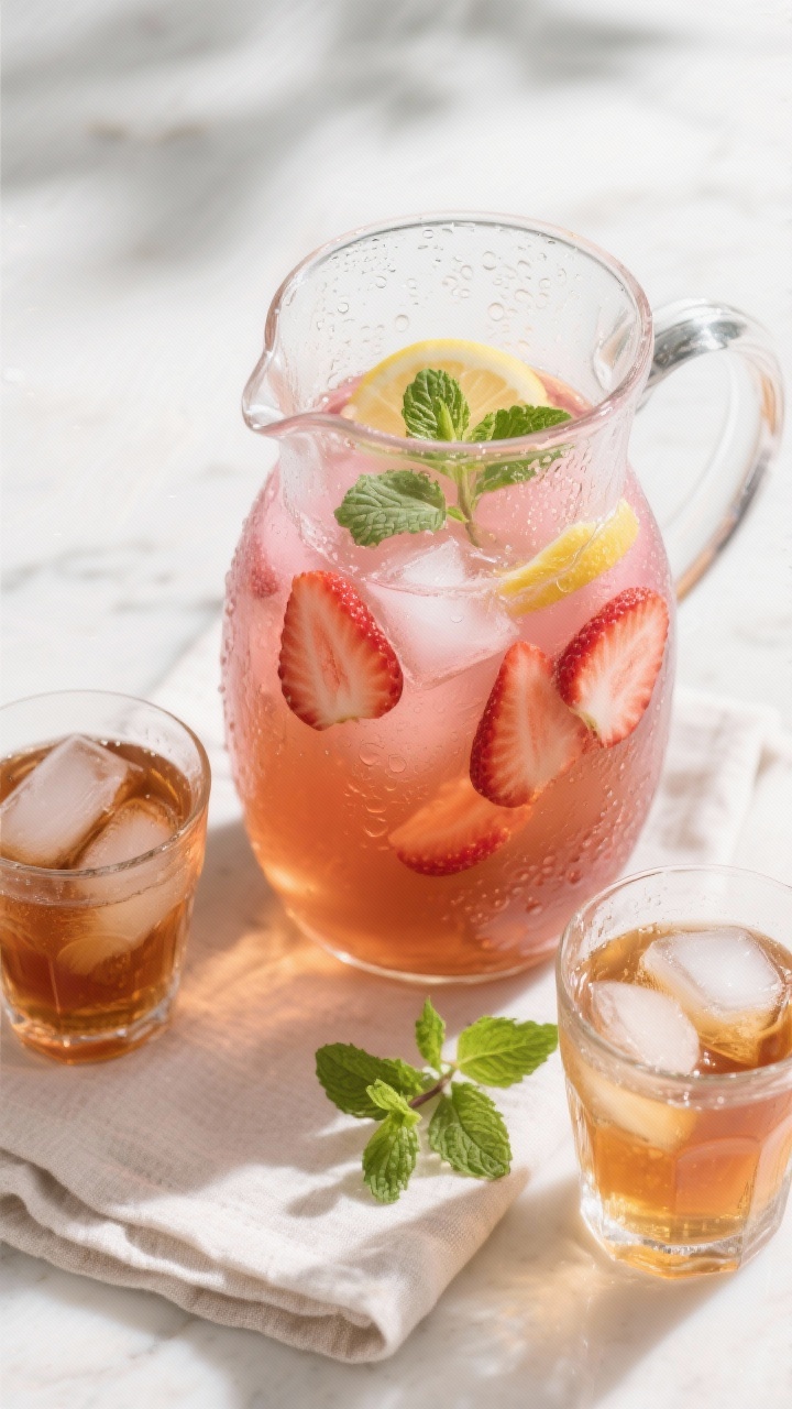 Tasty top view: Overhead shot of a large clear pitcher of homemade strawberry sweet tea, tea amber w