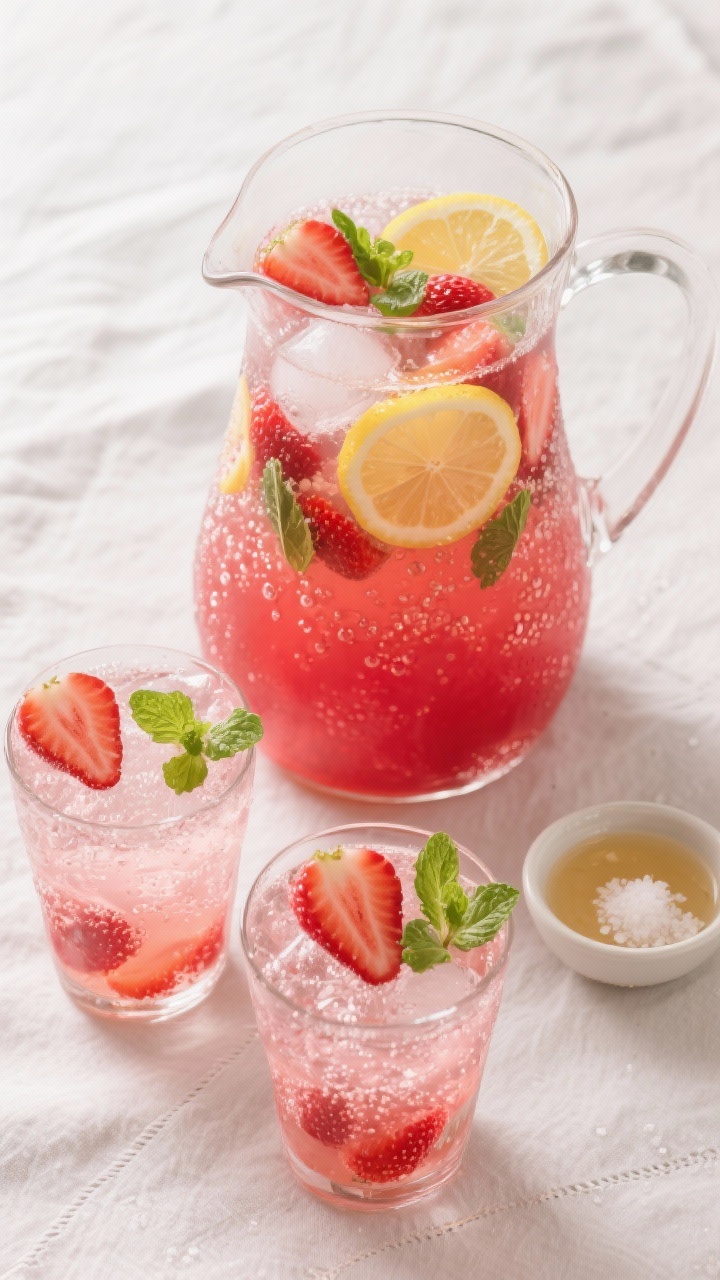 Tasty top view: Overhead shot of a party-ready pitcher and two glasses filled with the prepared stra