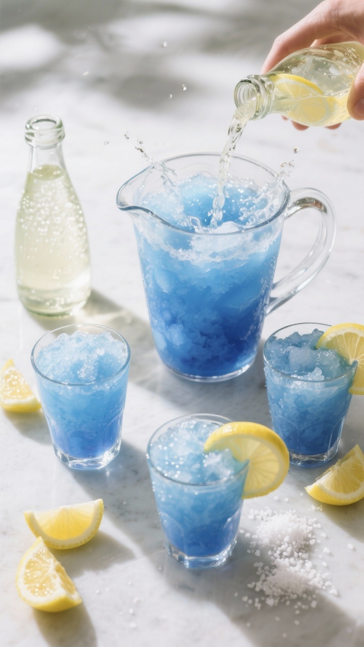 Tasty top view: Overhead shot of a party-ready setup—one large pitcher of blue raspberry lemonade 