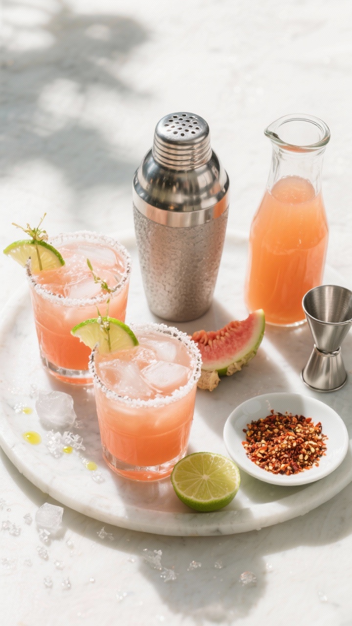 Tasty top view: overhead shot of a small batching setup and serving moment—two prepared margaritas