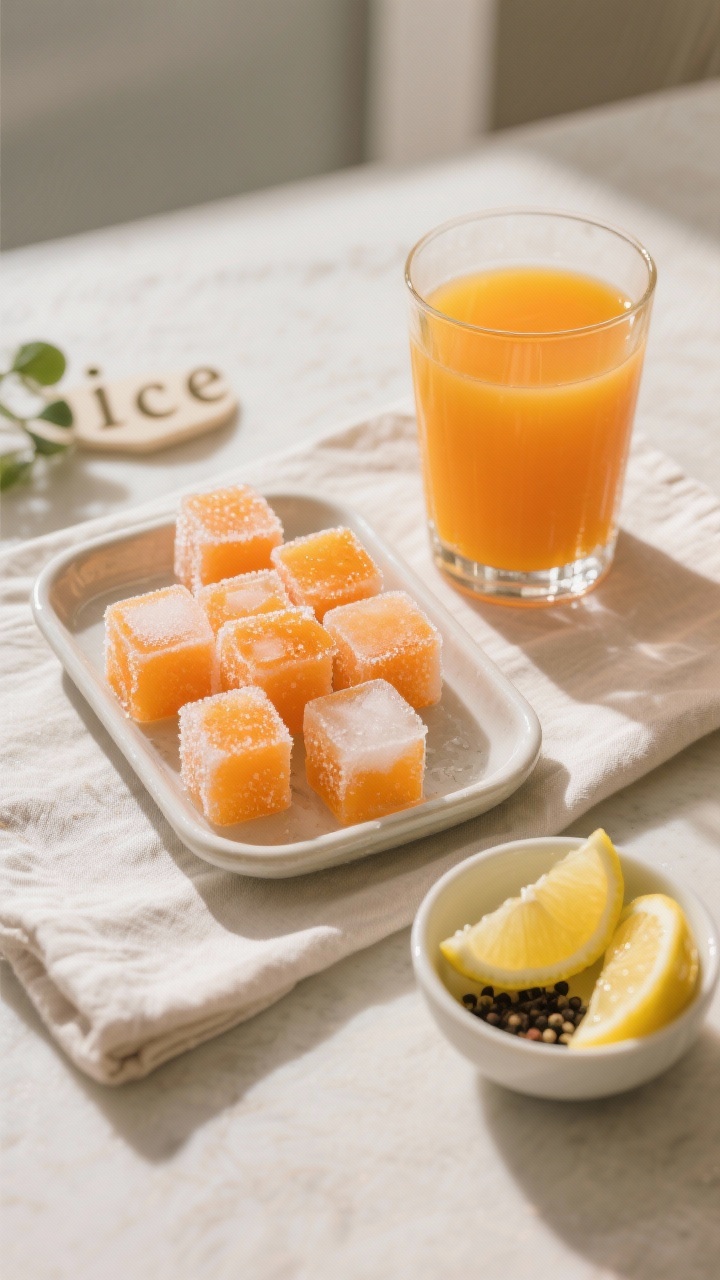 Tasty top view: Overhead shot of a small tray of juice “ice” cubes and a filled glass beside it,