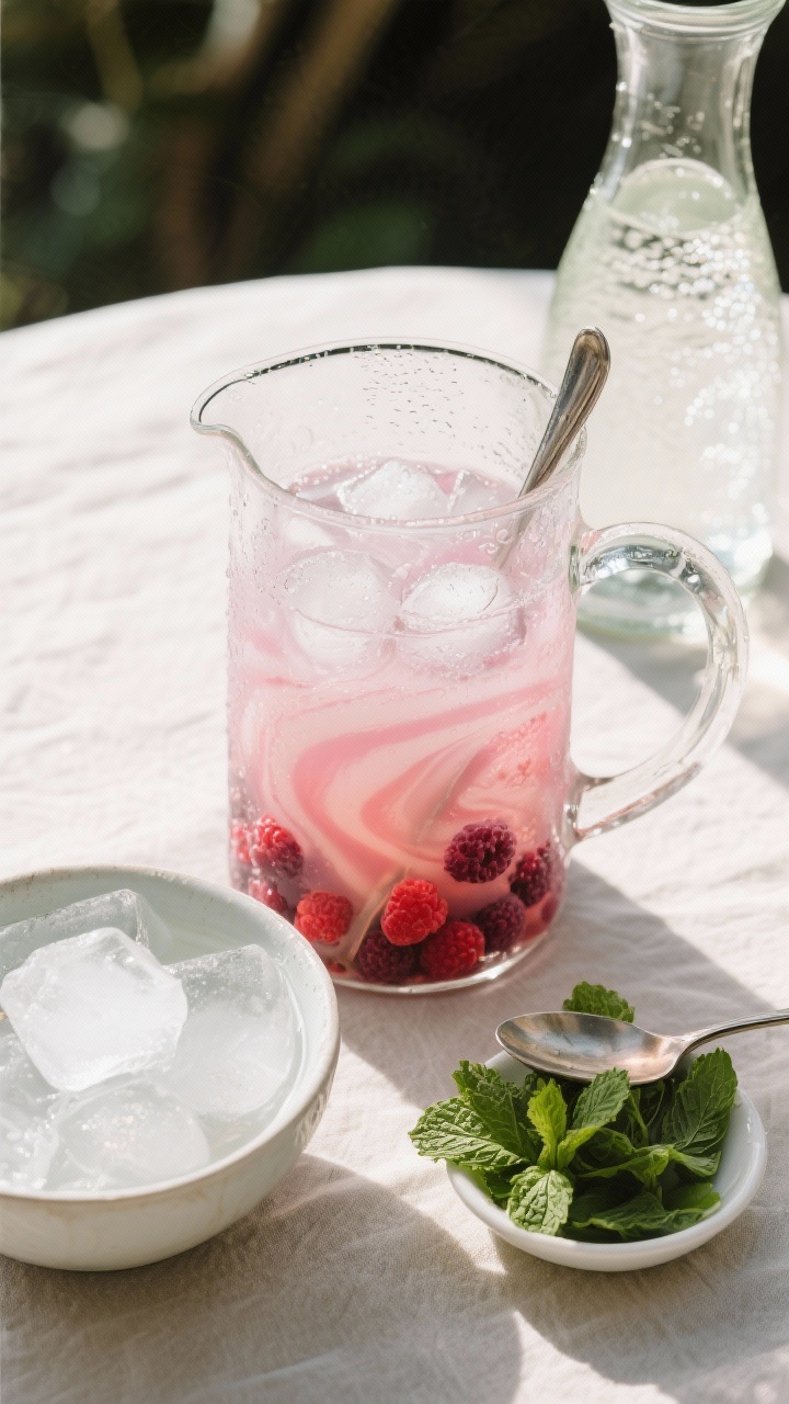 Tasty top view: Overhead shot of the chilled punch base in a clear glass pitcher just before serving