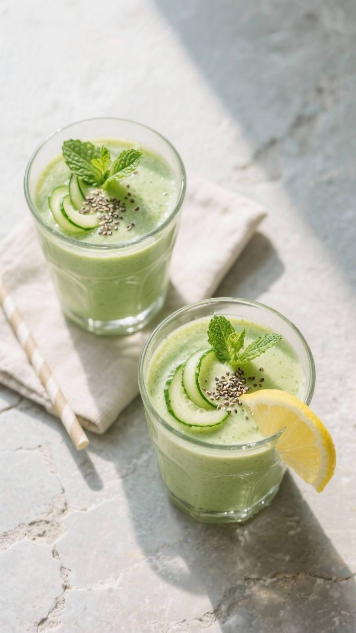 Tasty top view: Overhead shot of the final Minty Green Smoothie served in two clear tumblers on a co