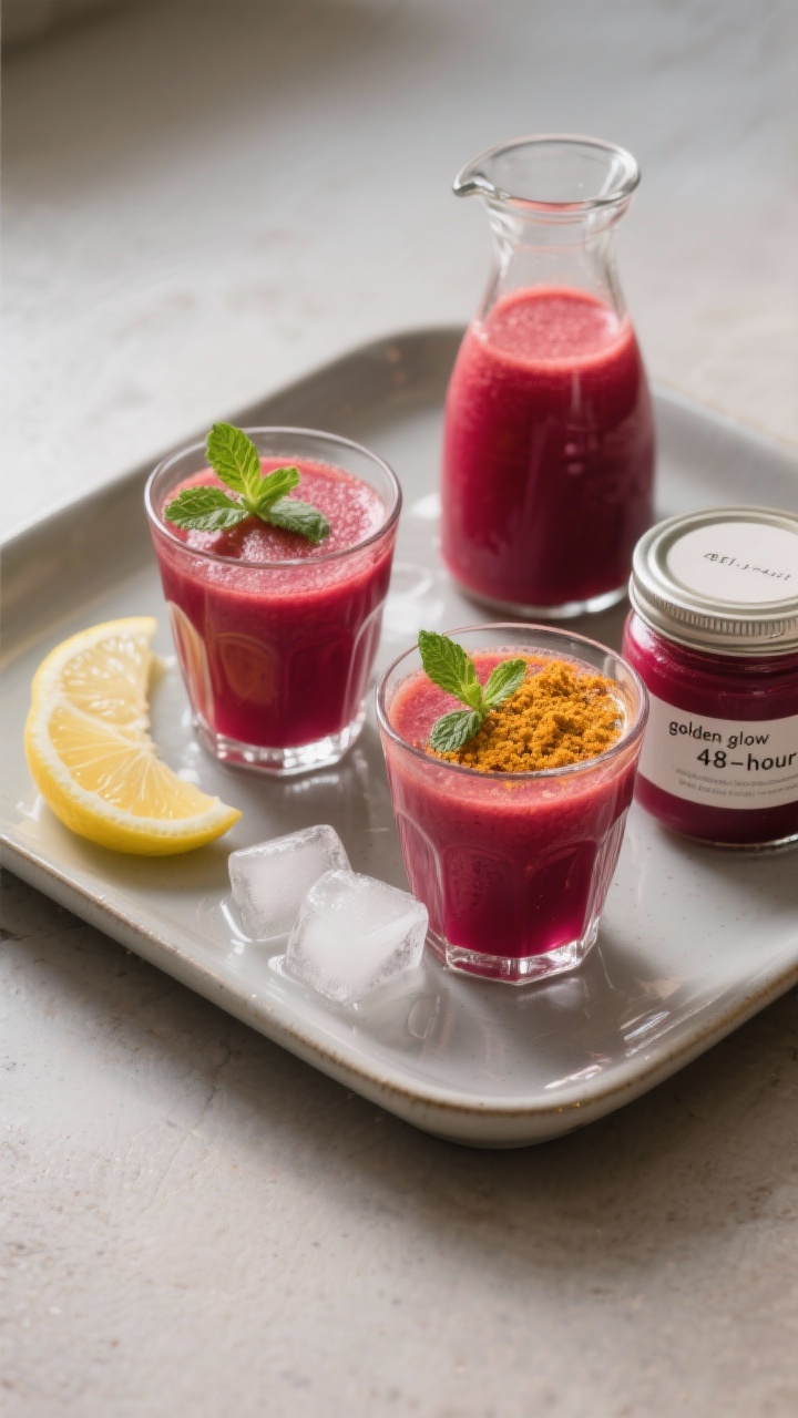 Tasty top view: Overhead shot of the final plated juice—two short, clear tumblers filled with the 