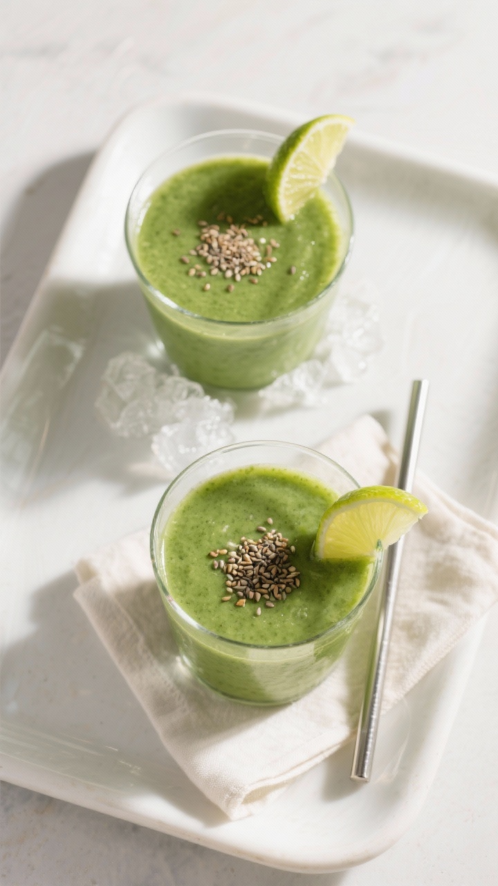 Tasty top view: Overhead shot of the final smoothie served in two clear glasses on a matte white tra