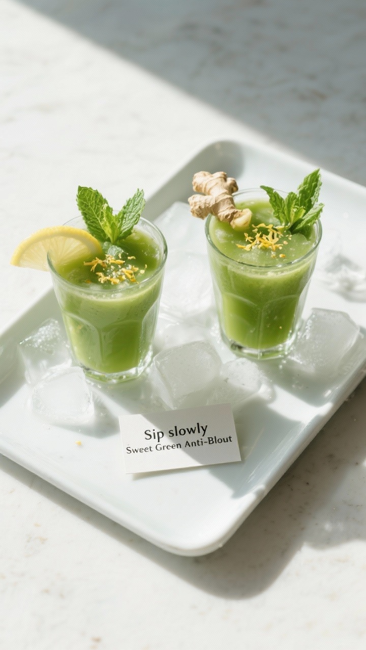 Tasty top view: Overhead shot of the final Sweet Green Anti-Bloat Juice served in two low tumbler gl