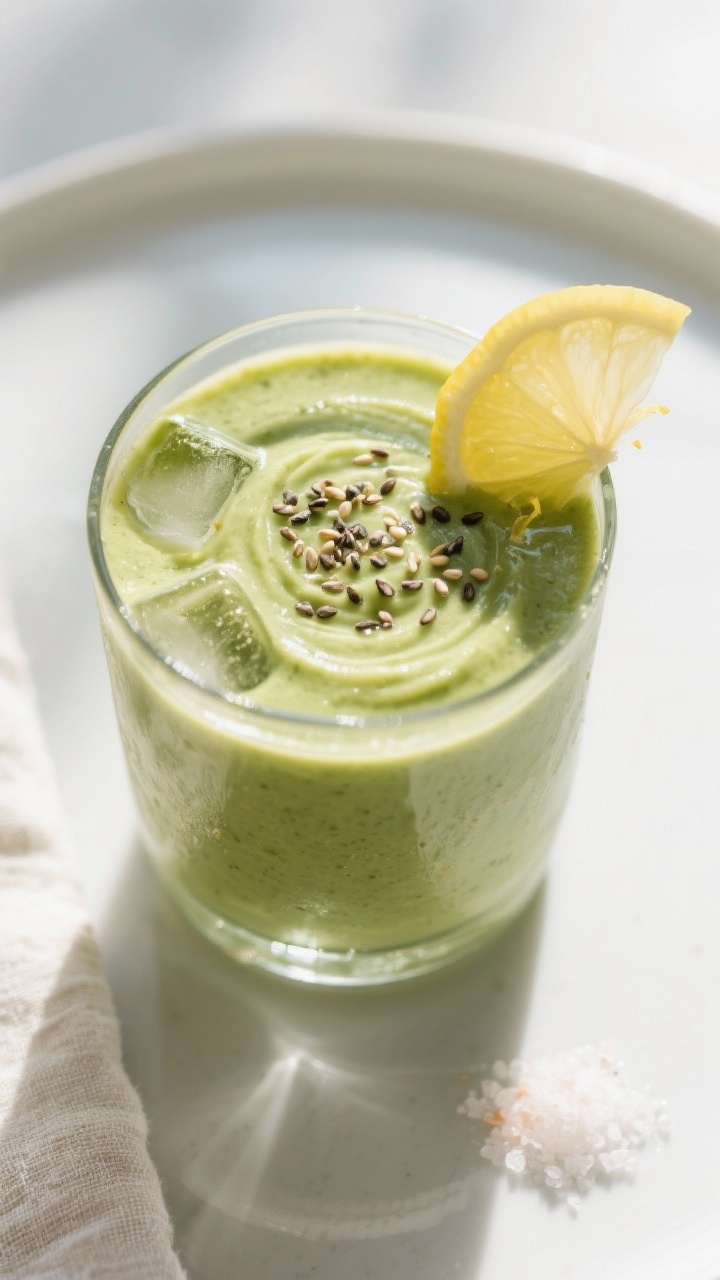 Tasty top view: Overhead shot of the finished Avocado Spinach Creamy Detox Smoothie in a wide glass,