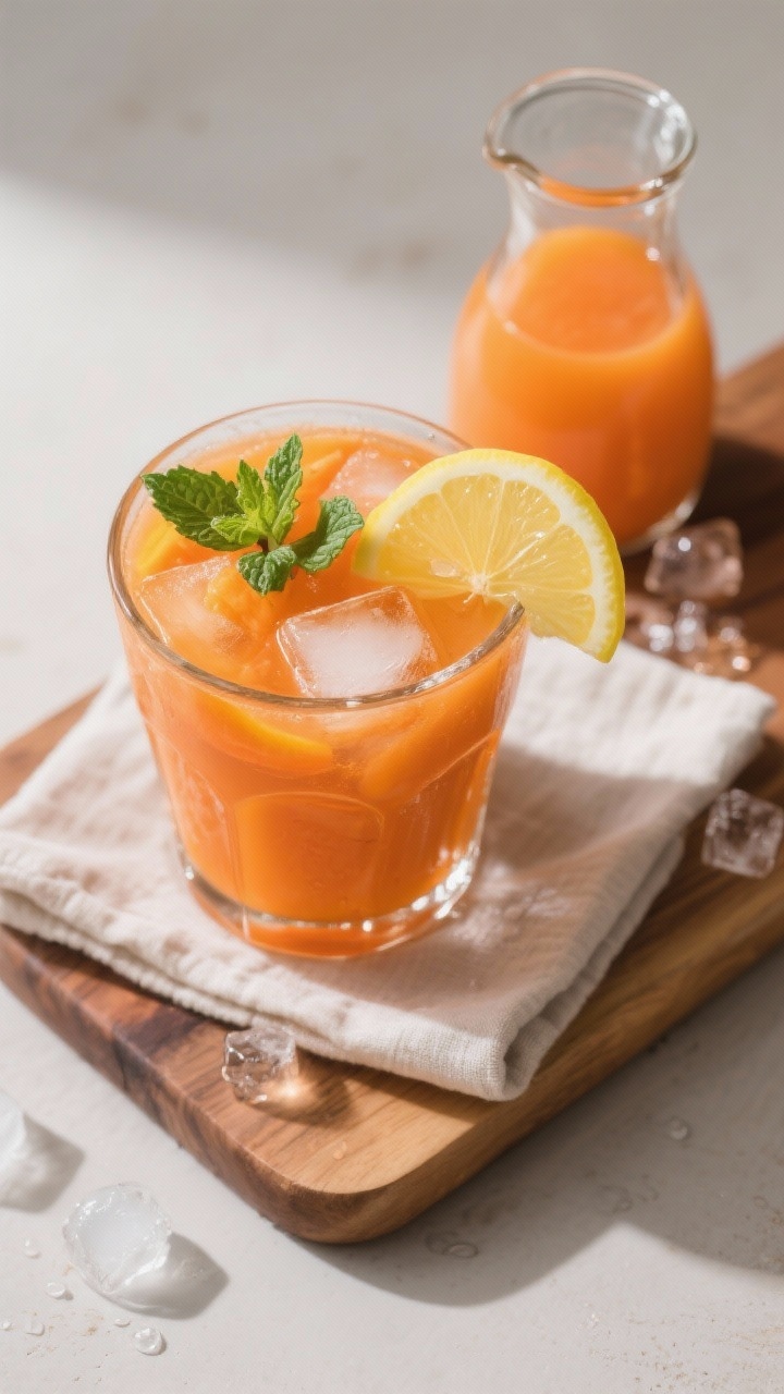 Tasty top view: Overhead shot of the finished Carrot Mango Glowing Skin Juice served over ice in a c