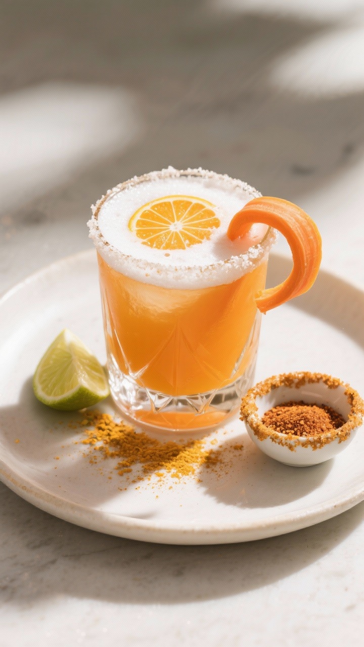 Tasty top view: Overhead shot of the finished Carrot Orange Margarita in a rocks glass with a clean,