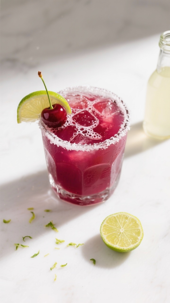 Tasty top view: Overhead shot of the finished Cherry Limeade Margarita in a wide rocks glass, jewel-