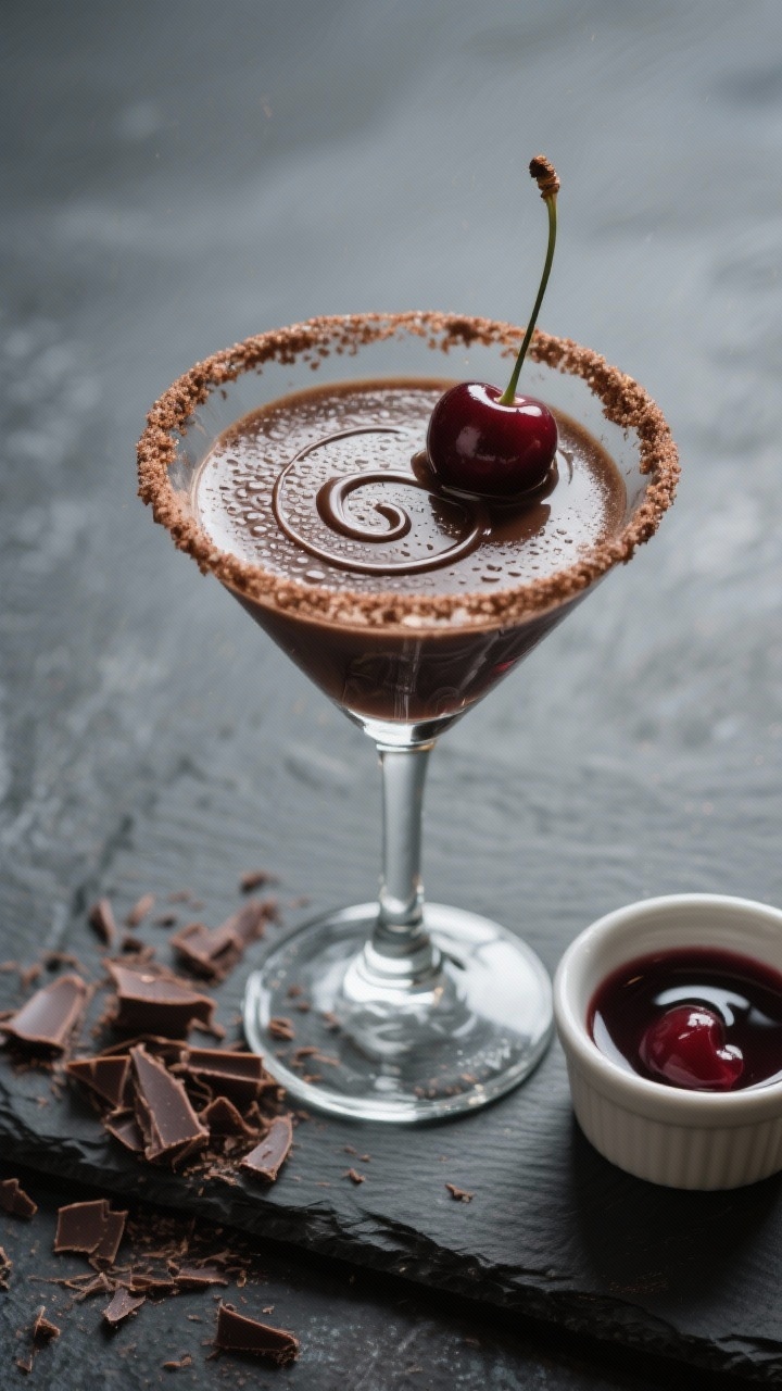 Tasty top view: Overhead shot of the finished Chocolate Covered Cherry Martini in a chilled martini 
