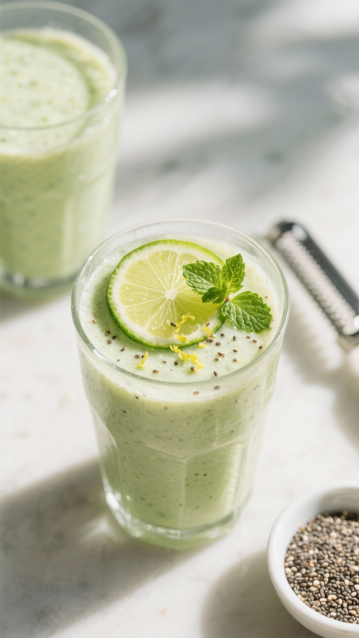 Tasty top view: Overhead shot of the finished Cucumber Lime Morning Cleanse Smoothie in a clear tumb