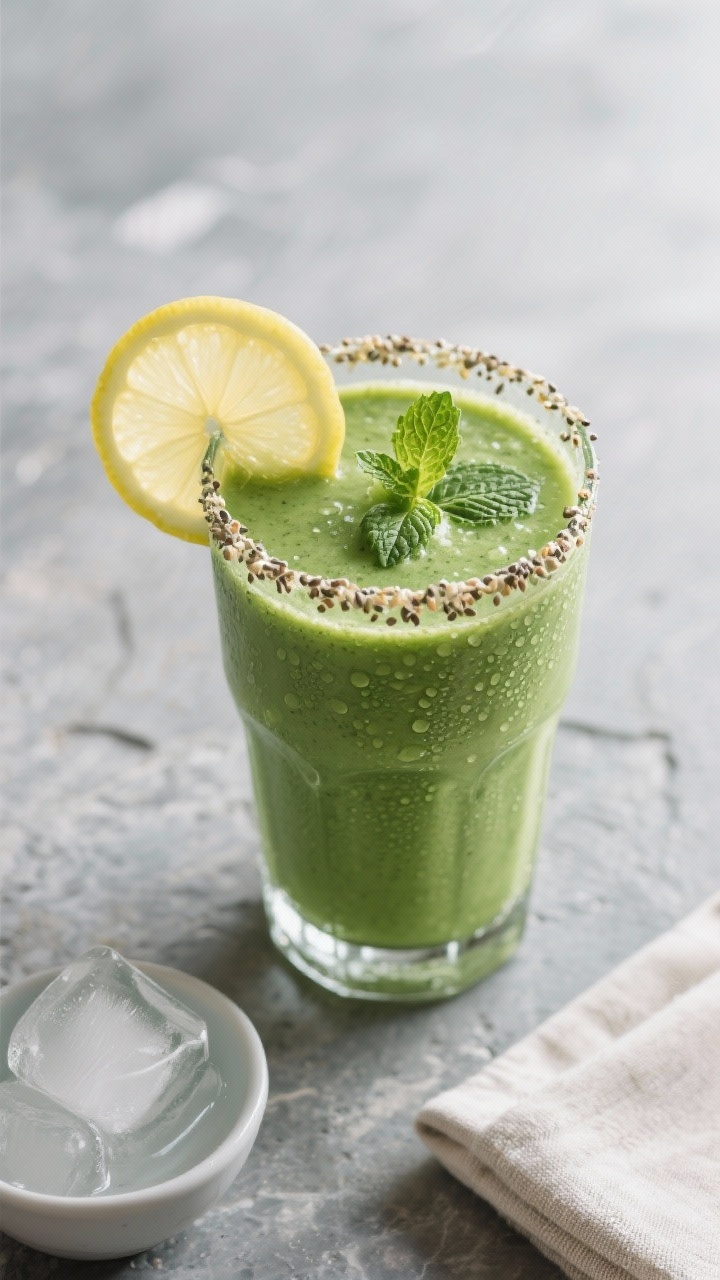 Tasty top view: Overhead shot of the finished Fat-Burning Green Tea Smoothie in a clear highball gla