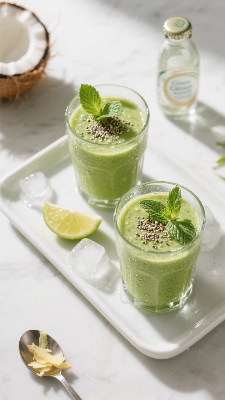 Tasty top view: Overhead shot of the finished “Glowing Skin Green Smoothie with Aloe” in two gla