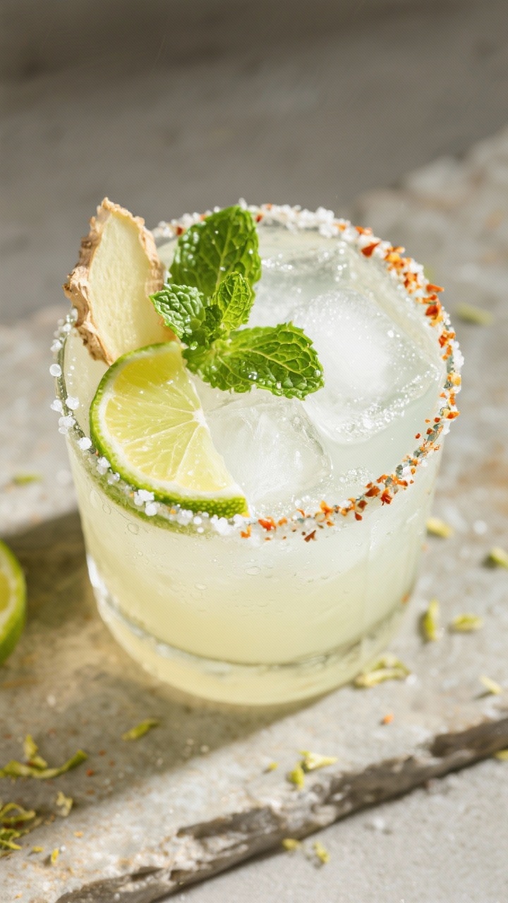 Tasty top view: Overhead shot of the finished Ginger Lime Detox Margarita served on the rocks, toppe