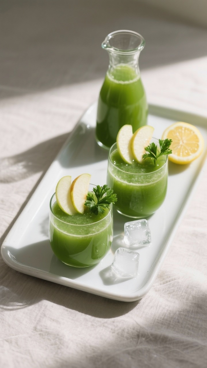 Tasty top view: Overhead shot of the finished Green Glow Detox Juice served in two low tumblers on a