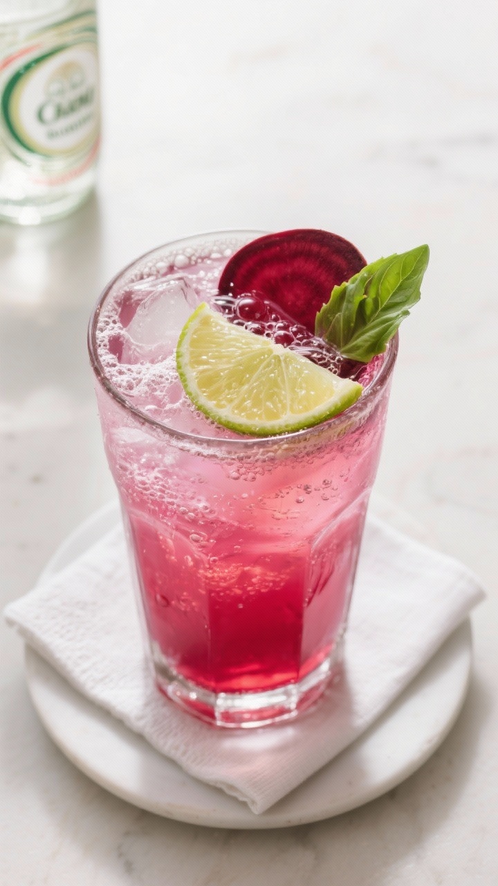 Tasty top view: Overhead shot of the finished Heart Beet Gin & Tonic—deep pink to ruby hue topped 
