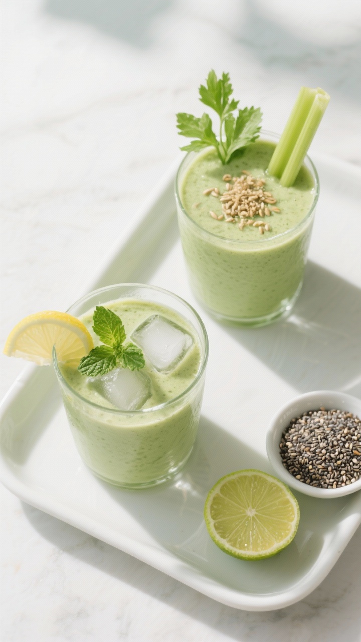 Tasty top view: Overhead shot of the finished smoothie served two ways—one glass with mint and lem