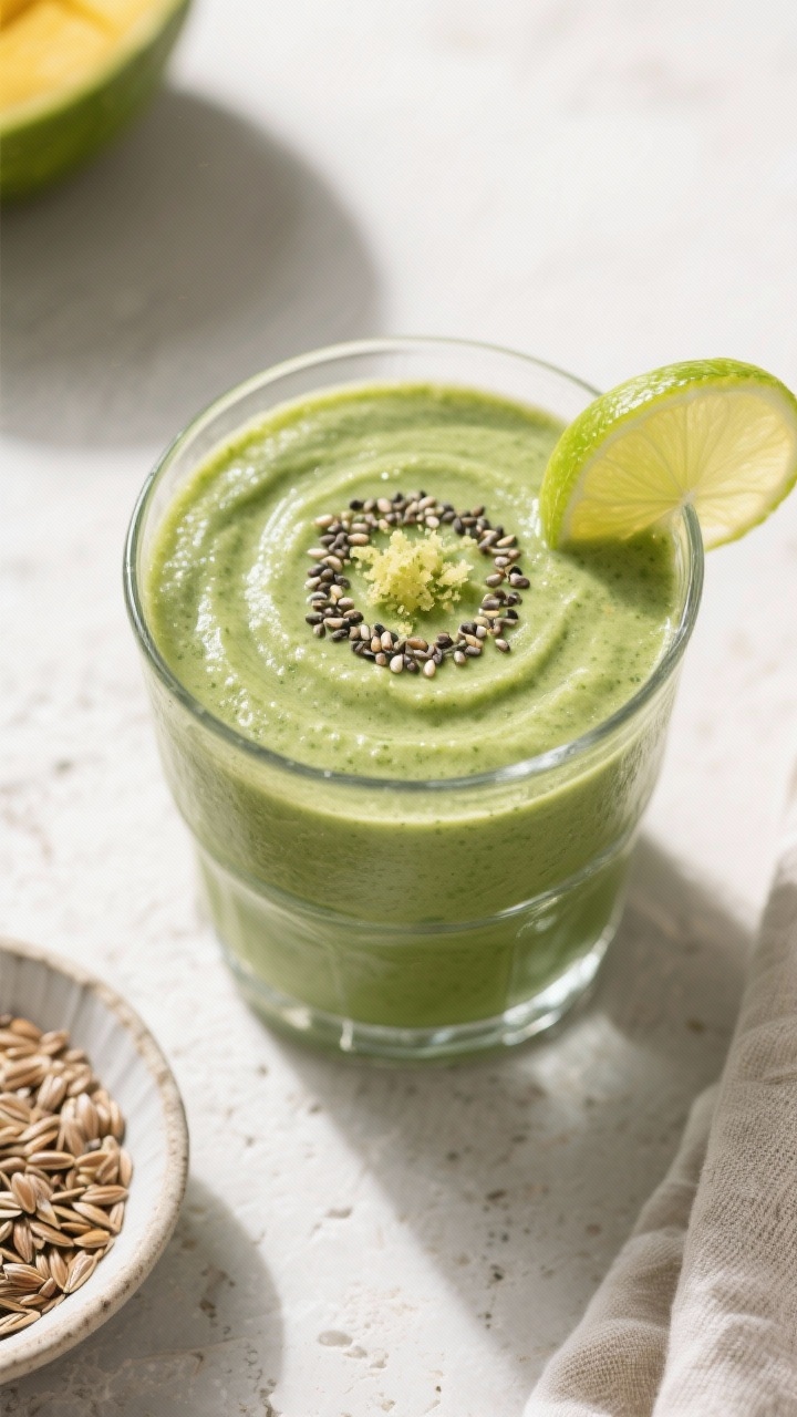 Tasty top view: Overhead shot of the finished spinach mango smoothie in a clear glass, topped with a