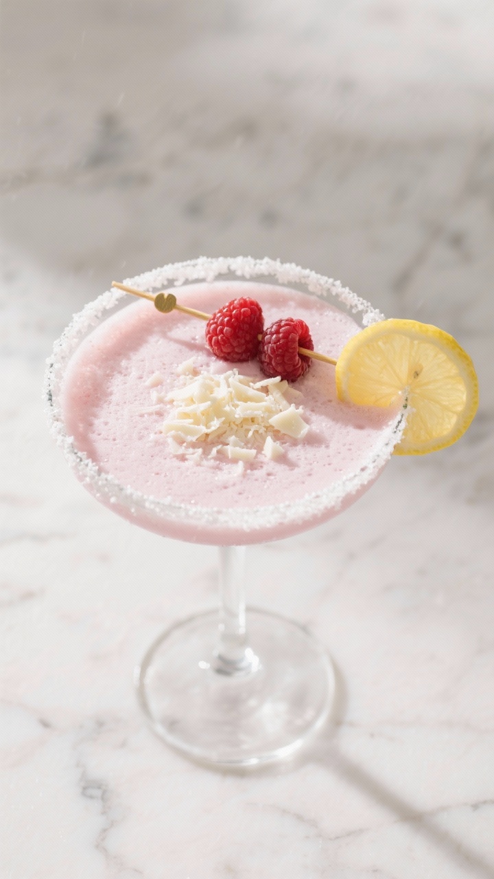 Tasty top view: Overhead shot of the finished White Chocolate Raspberry Martini with a vanilla sugar