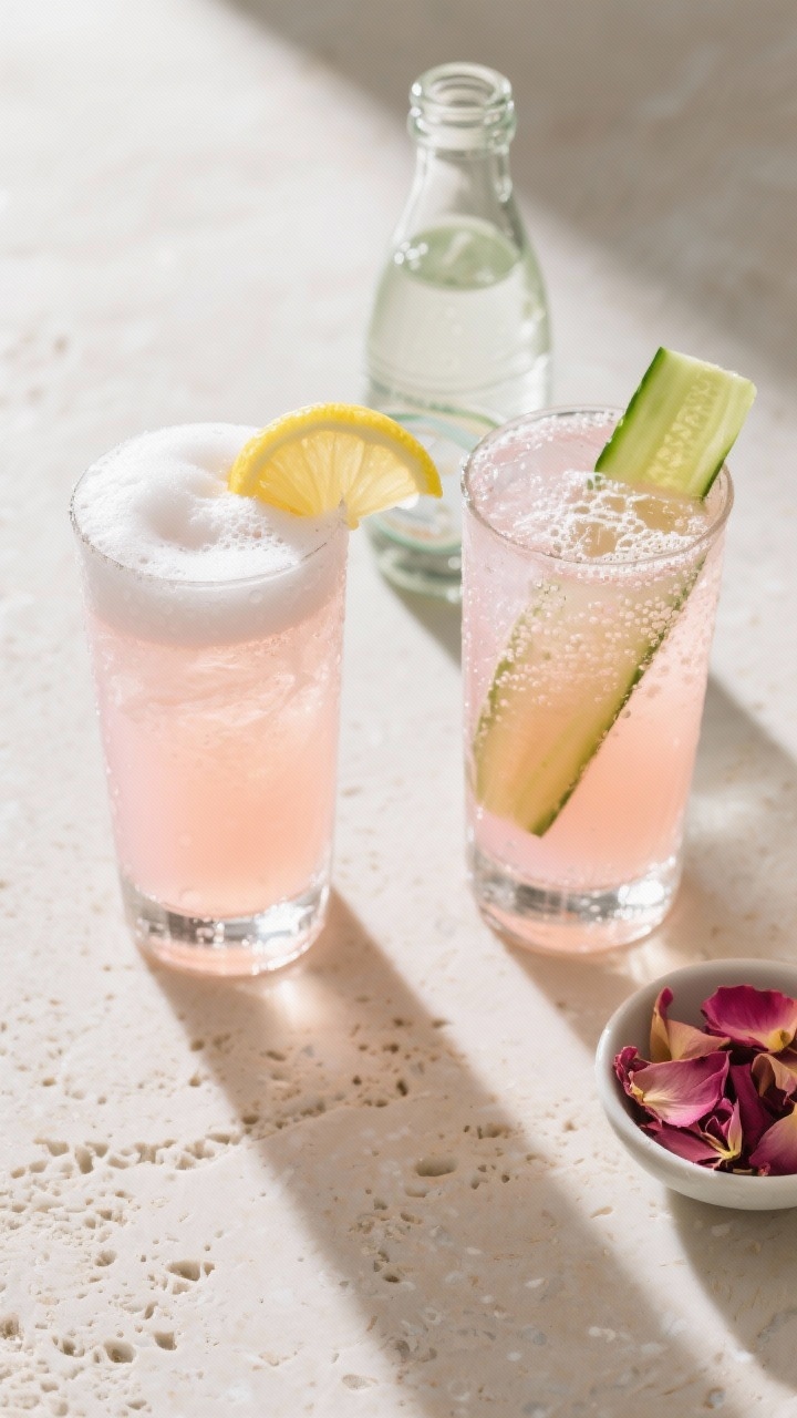 Tasty top view: Overhead shot of two finished Blushing Rose Gin Fizzes in chilled highball glasses, 