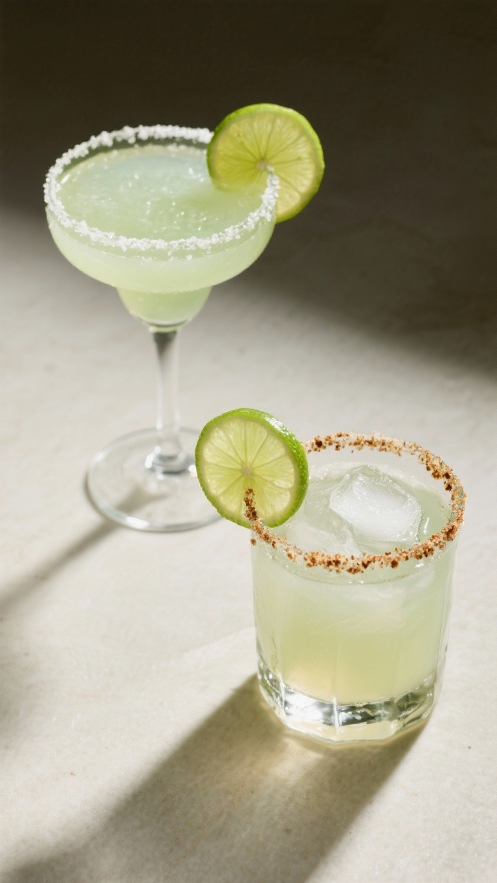Tasty top view: Overhead shot of two finished classic lime margaritas—one “up” in a chilled co