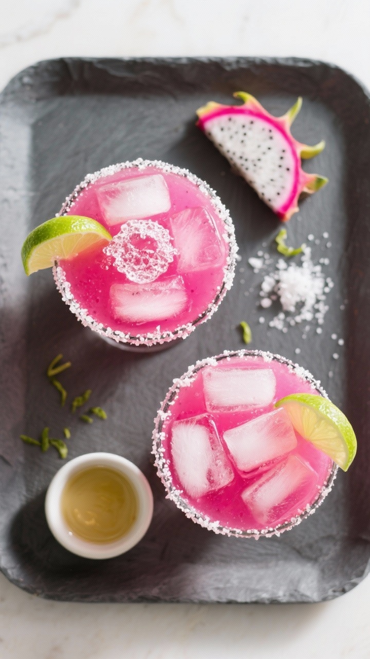 Tasty top view: Overhead shot of two finished dragonfruit margaritas with lime sugar rims on a matte