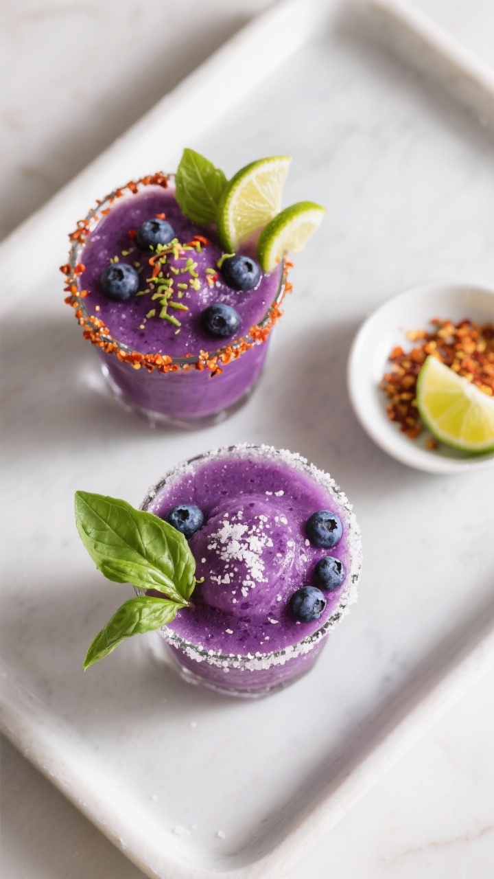 Tasty top view: Overhead shot of two finished frozen blueberry margaritas side-by-side, deep purple 