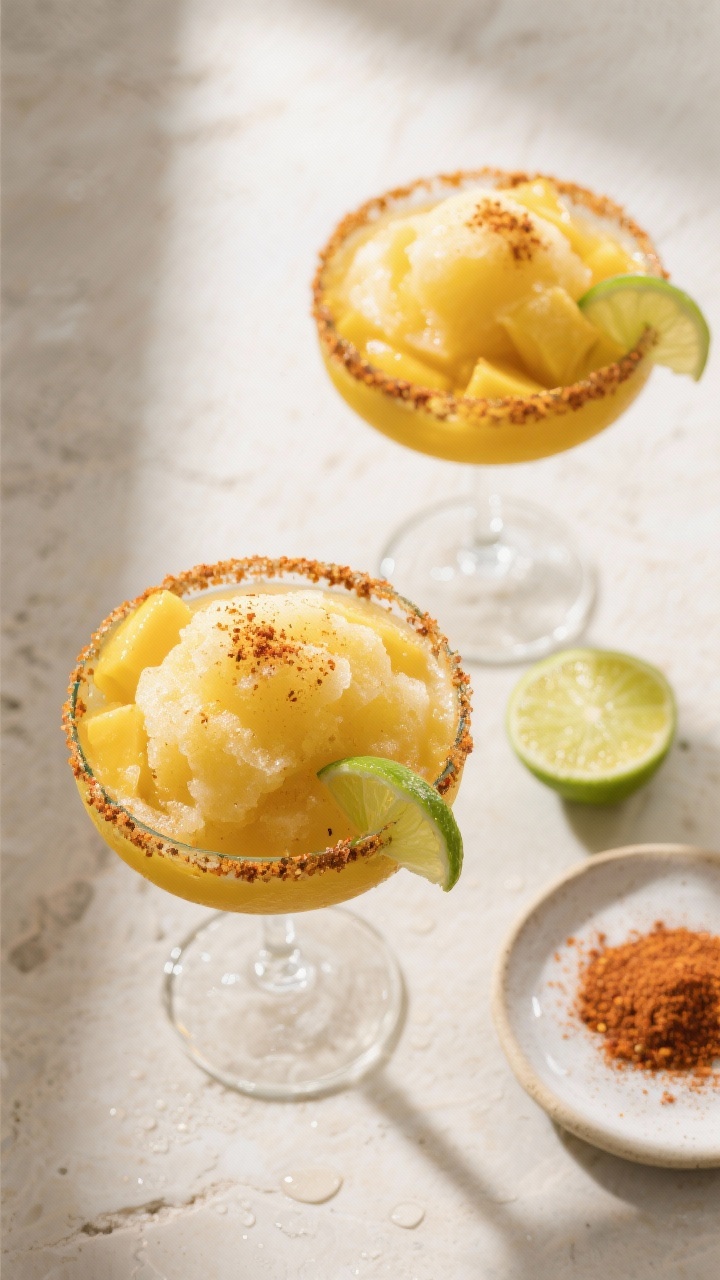 Tasty top view: Overhead shot of two finished frozen mango margaritas in Tajín-rimmed glasses, dens