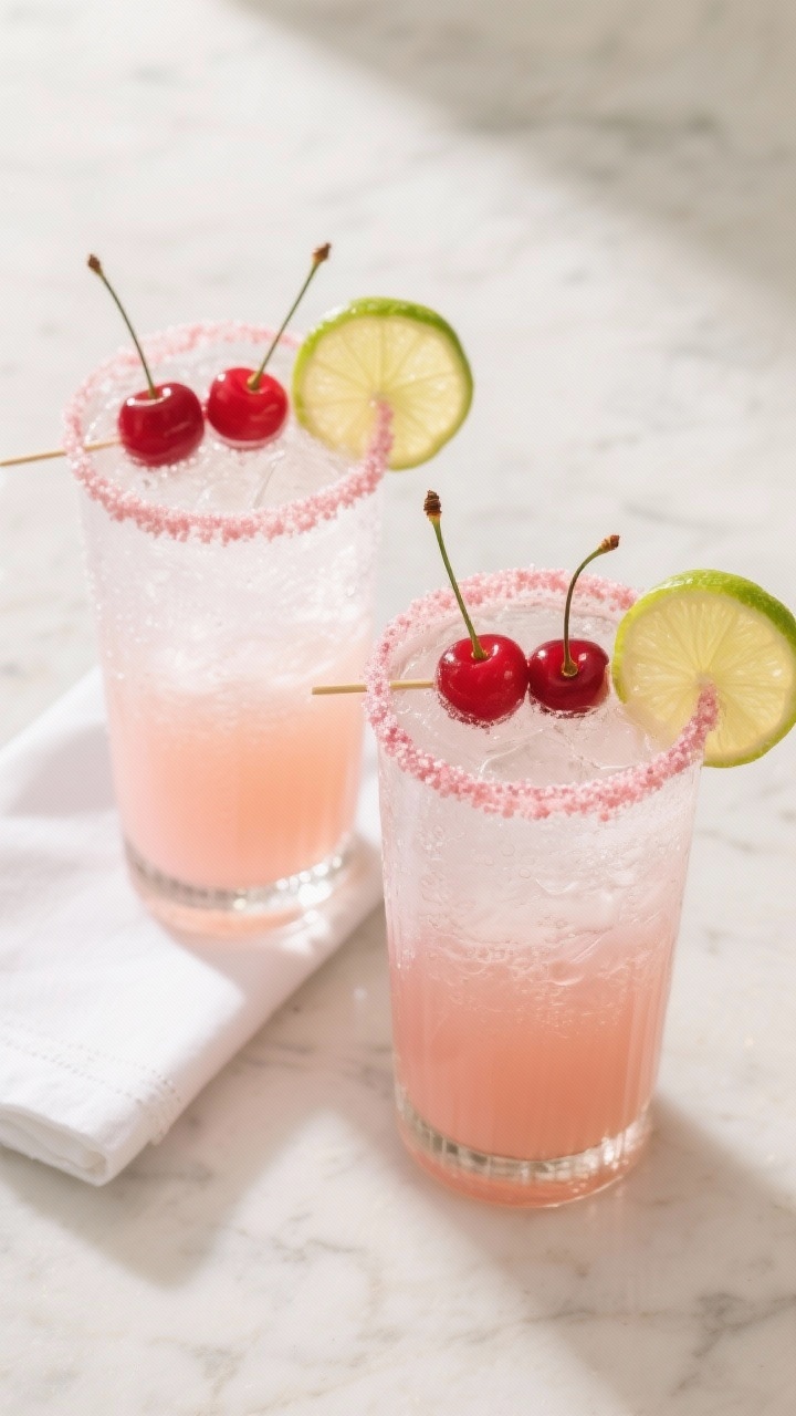 Tasty top view: Overhead shot of two fully assembled Dirty Shirley Valentine cocktails in tall Colli