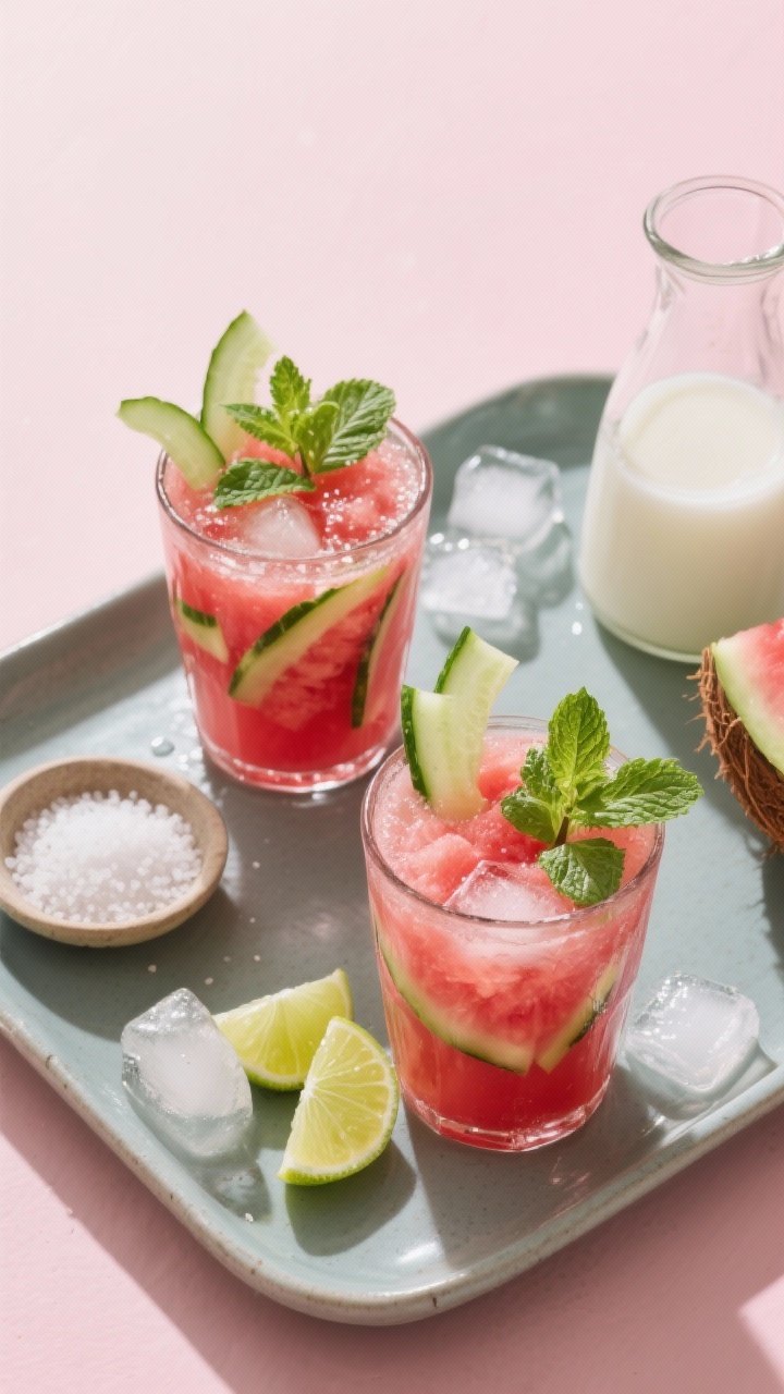 Tasty top view: Overhead shot of two glasses of finished watermelon-cucumber-mint-lime juice on a ma