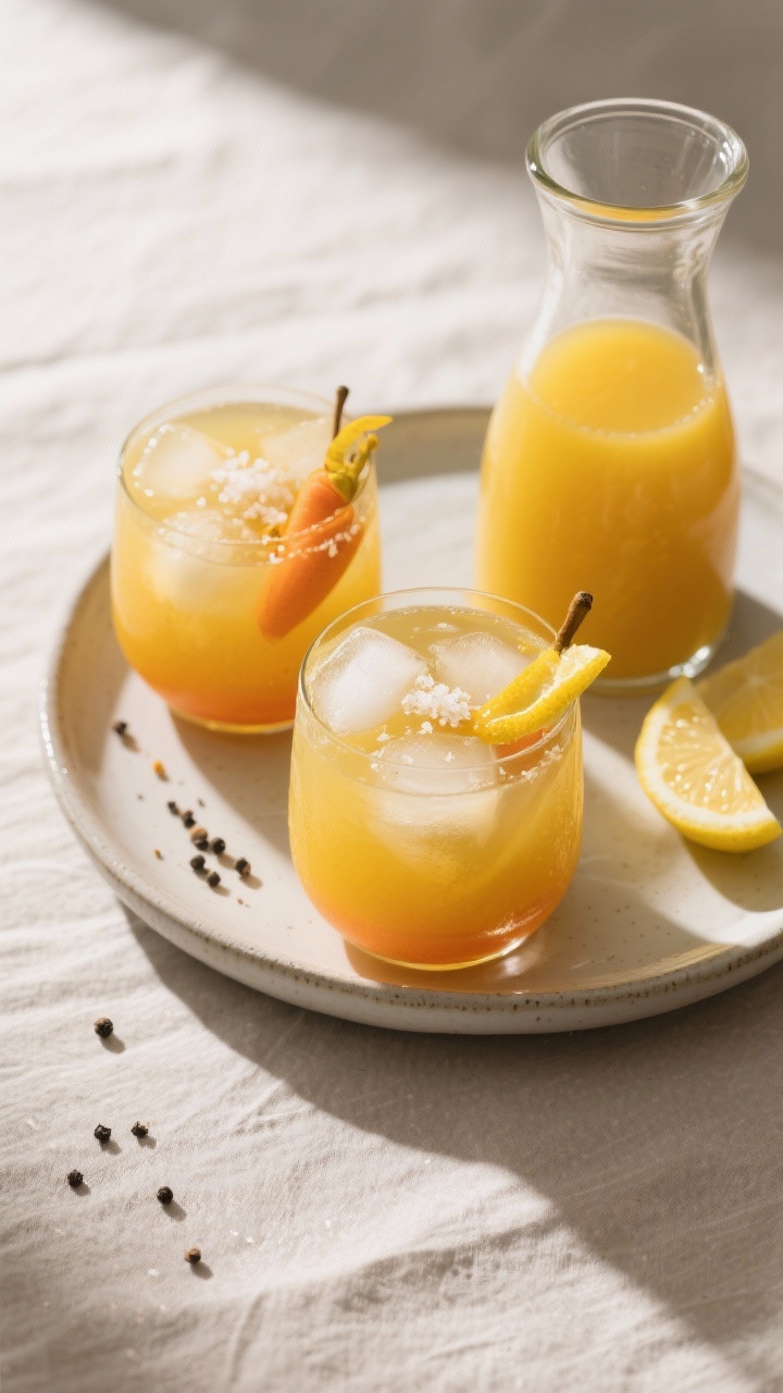 Tasty top view: Overhead shot of two glasses of the finished Golden Pear Juice poured over ice, vibr
