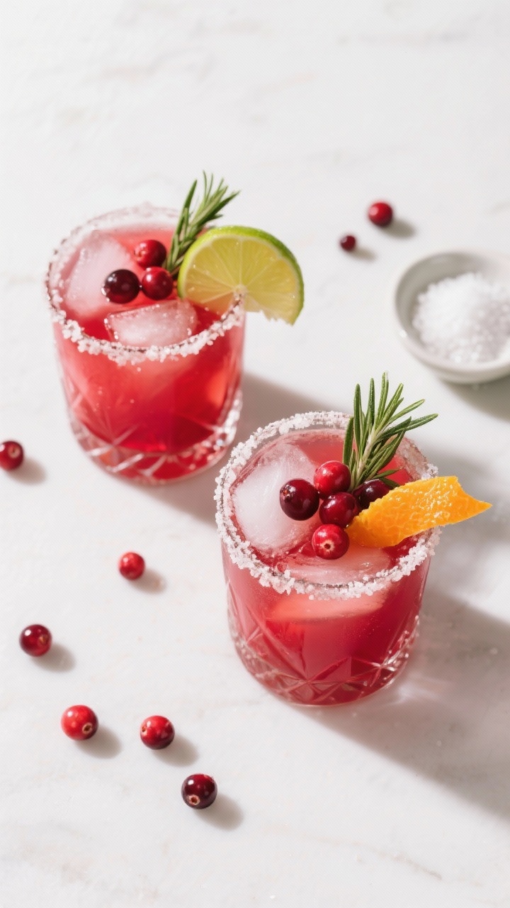 Tasty top view: Overhead shot of two rocks glasses filled with the finished Cranberry Christmas Marg