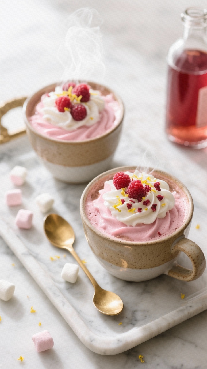 Tasty top view: Overhead shot of two warmed ceramic mugs filled with boozy pink hot chocolate, toppe