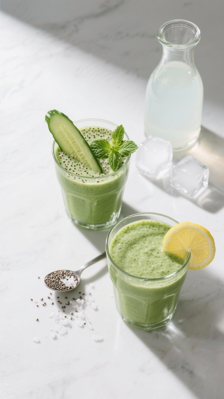 Tasty top view – Overhead shot: Overhead shot of two glasses of green detox smoothie on a matte wh