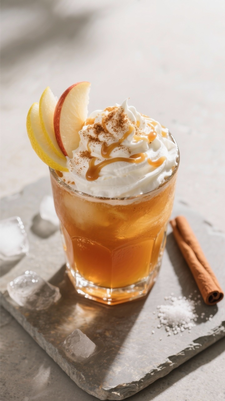 Tasty top-view shot: overhead of the finished Caramel Apple Iced Cider Drink—smooth, even amber to