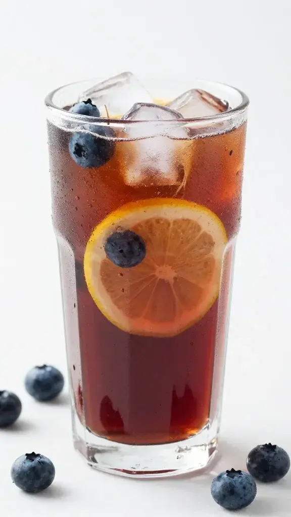 **Iced blueberry lemon tea in a frosty glass**