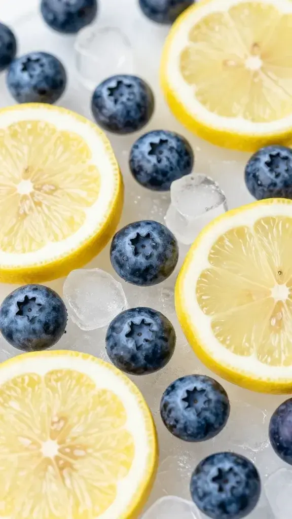 **Fresh blueberries and lemon slices on ice**
