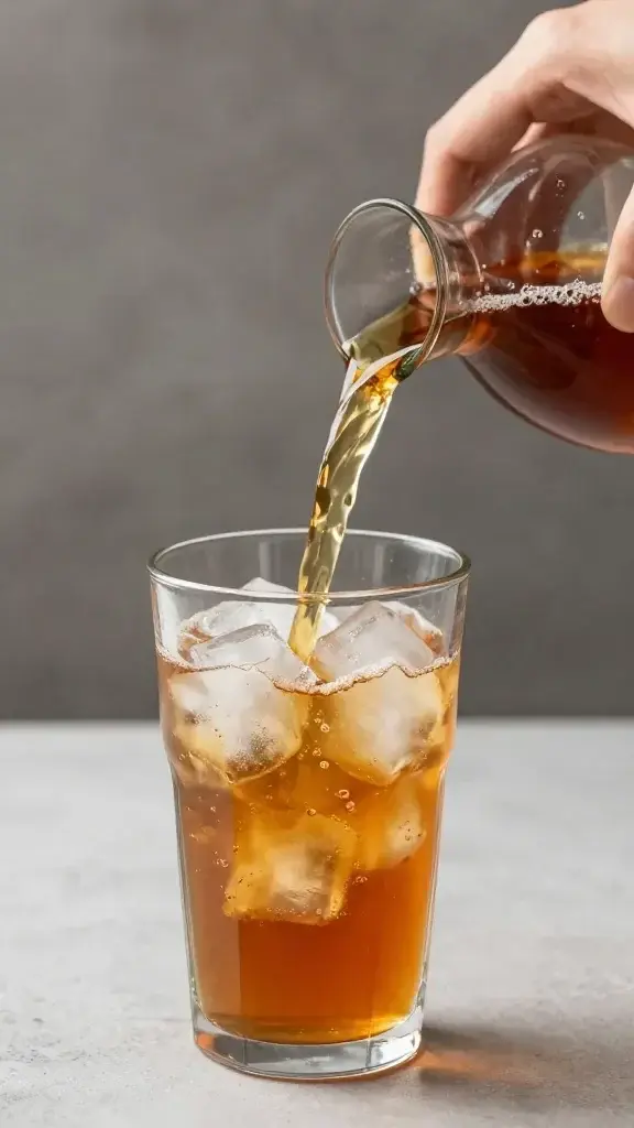 **Hand pouring iced tea into a clear glass**