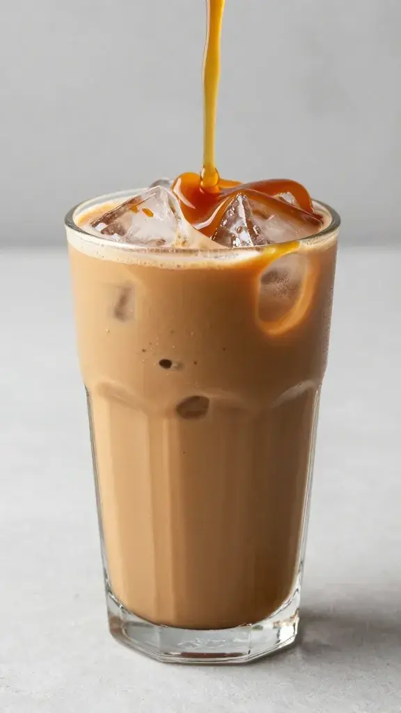 **Iced caramel coffee in glass with dripping caramel**