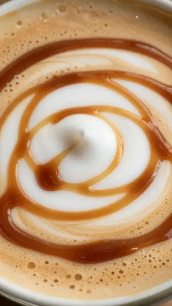 **Velvety coffee swirl with caramel syrup close-up**