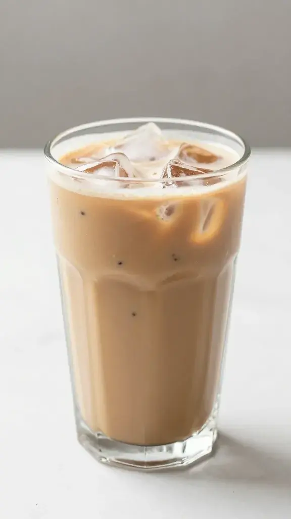 **Glass of iced coffee with vanilla bean speckles**