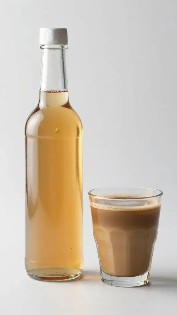 **Homemade vanilla syrup bottle beside coffee glass**