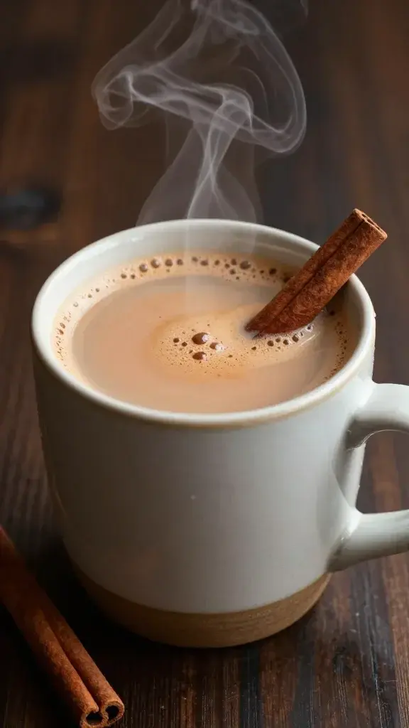 steaming spiced chai latte in ceramic mug, cinnamon stick garnish
