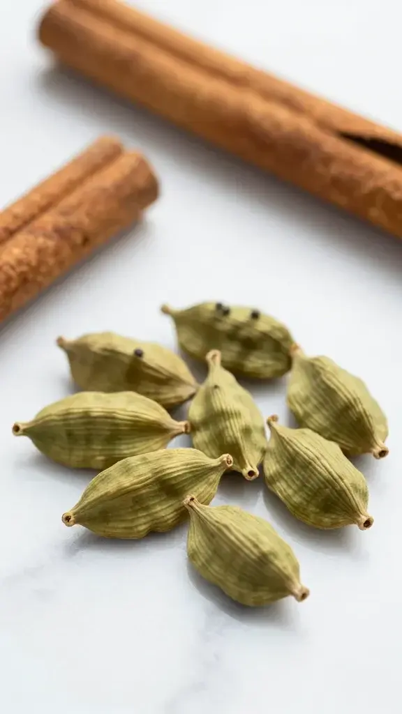 whole cardamom pods and cinnamon stick on marble surface