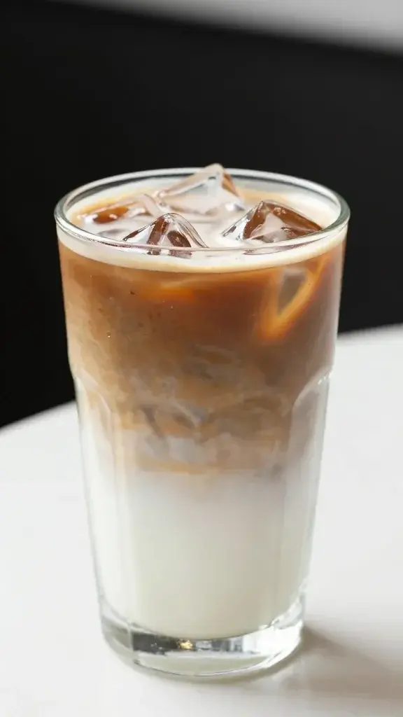 iced vanilla latte in clear glass, visible layers, ice cubes