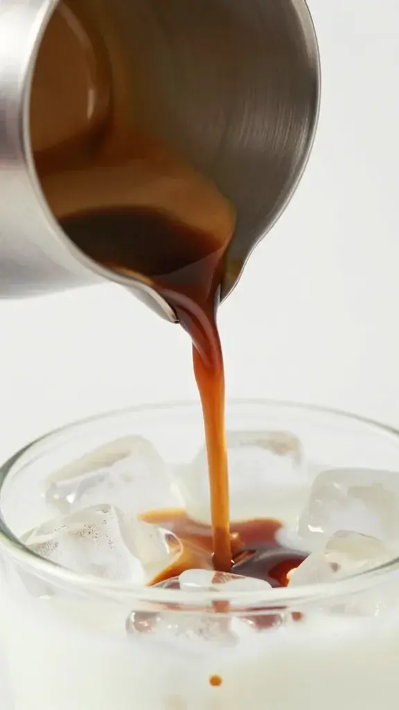 close-up espresso shot pouring into milk over ice